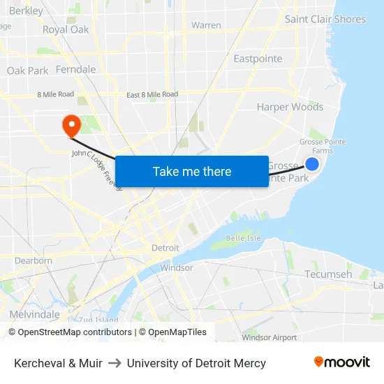 Kercheval & Muir to University of Detroit Mercy map
