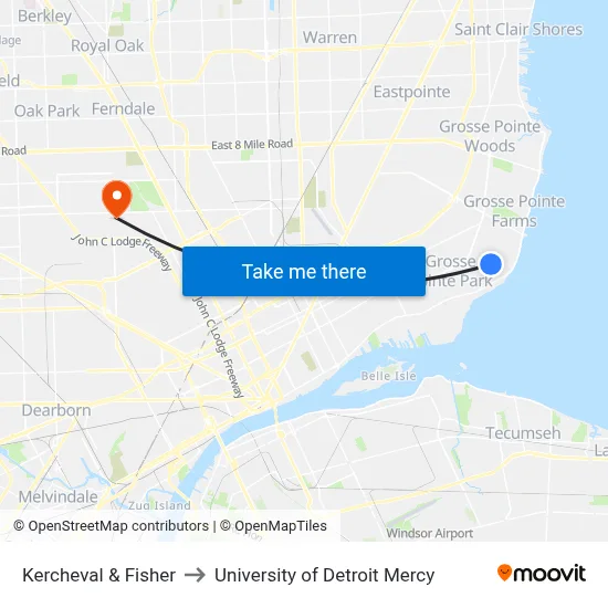 Kercheval & Fisher to University of Detroit Mercy map