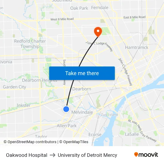 Oakwood Hospital to University of Detroit Mercy map