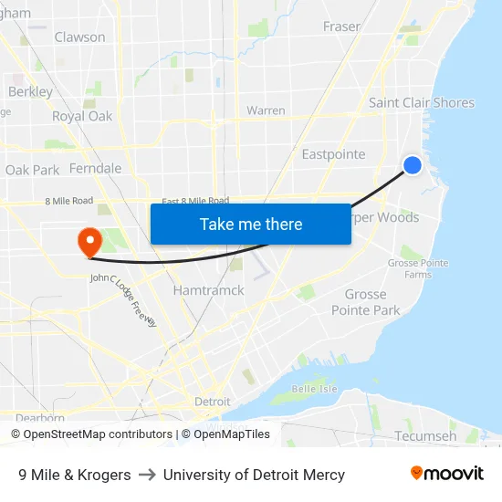 9 Mile & Krogers to University of Detroit Mercy map