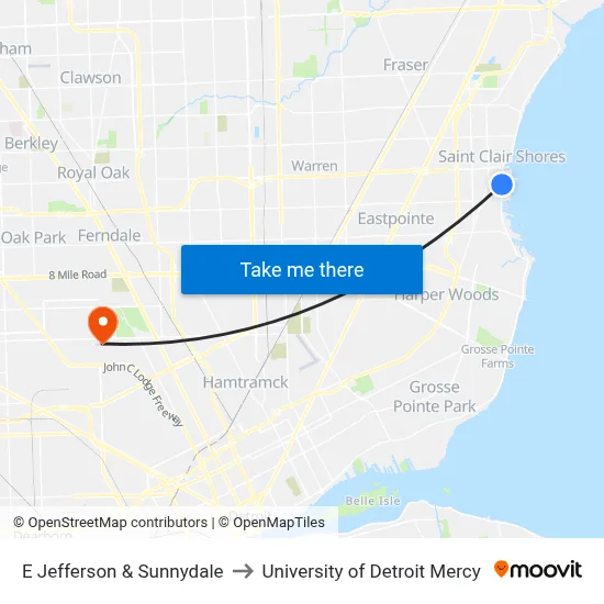 E Jefferson & Sunnydale to University of Detroit Mercy map