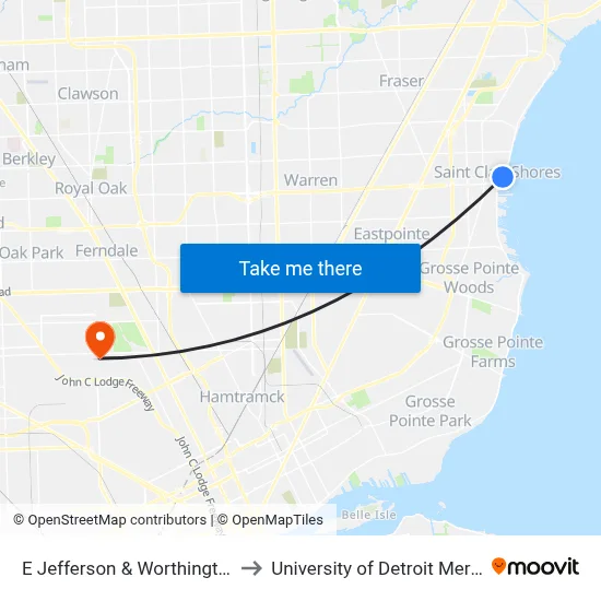 E Jefferson & Worthington to University of Detroit Mercy map