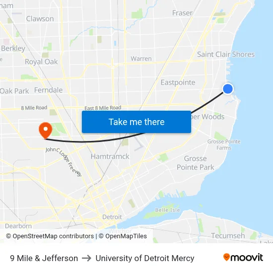 9 Mile & Jefferson to University of Detroit Mercy map