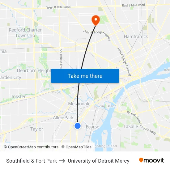 Southfield & Fort Park to University of Detroit Mercy map
