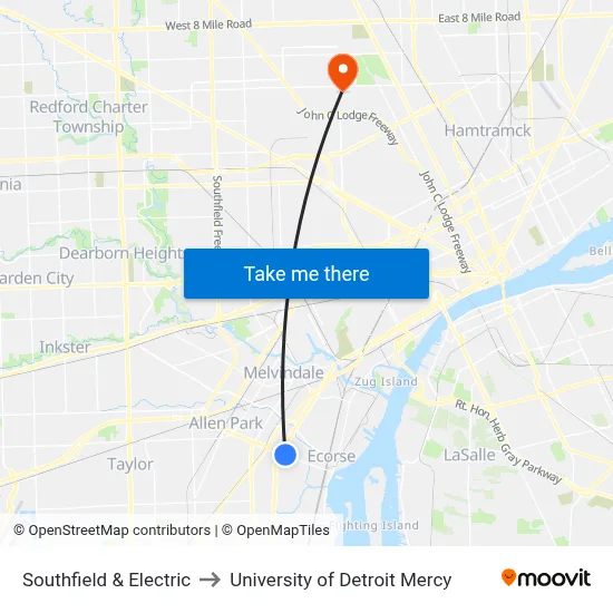 Southfield & Electric to University of Detroit Mercy map