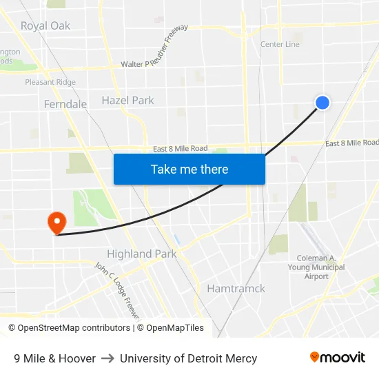 9 Mile & Hoover to University of Detroit Mercy map