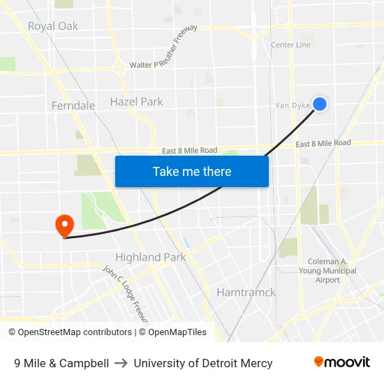 9 Mile & Campbell to University of Detroit Mercy map
