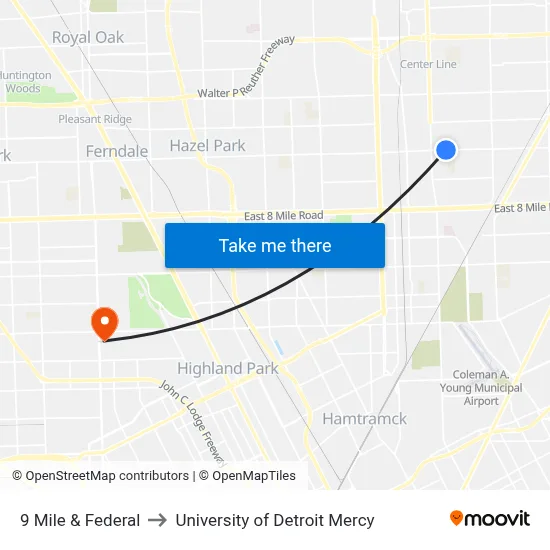 9 Mile & Federal to University of Detroit Mercy map