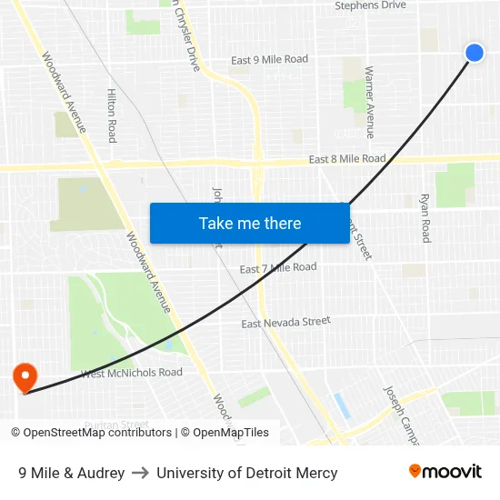 9 Mile & Audrey to University of Detroit Mercy map