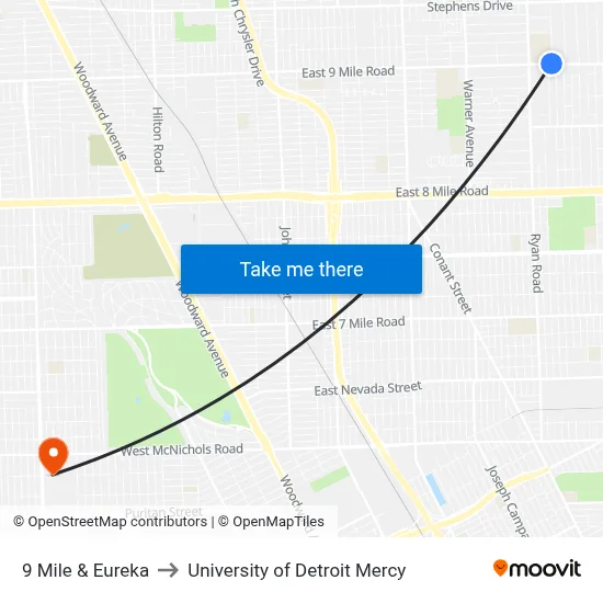 9 Mile & Eureka to University of Detroit Mercy map