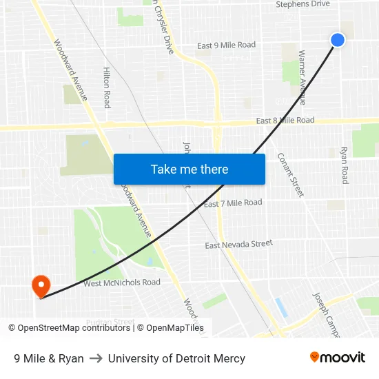 9 Mile & Ryan to University of Detroit Mercy map