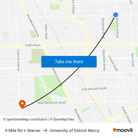 9 Mile & Warner to University of Detroit Mercy map