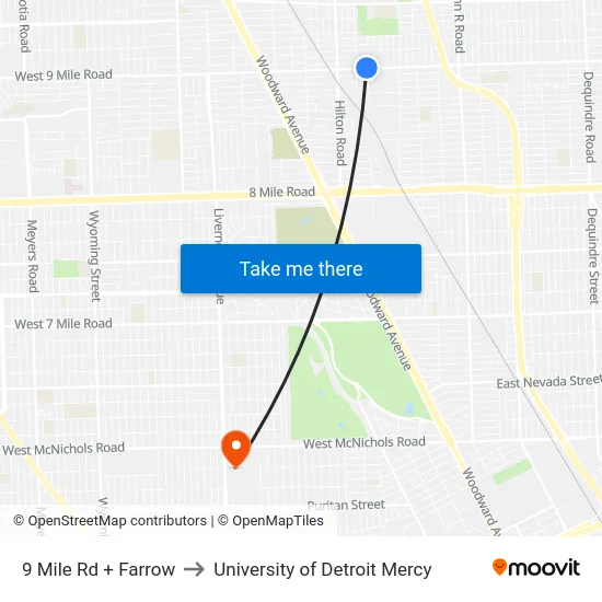 9 Mile Rd + Farrow to University of Detroit Mercy map