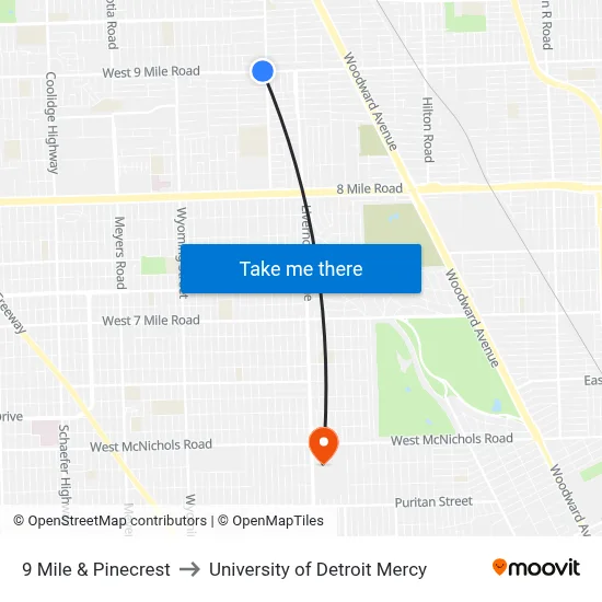 9 Mile & Pinecrest to University of Detroit Mercy map