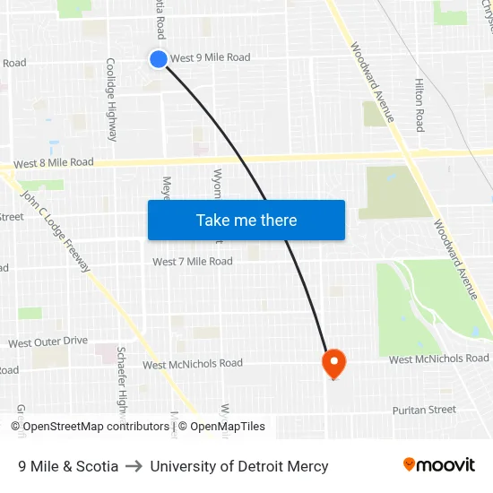 9 Mile & Scotia to University of Detroit Mercy map