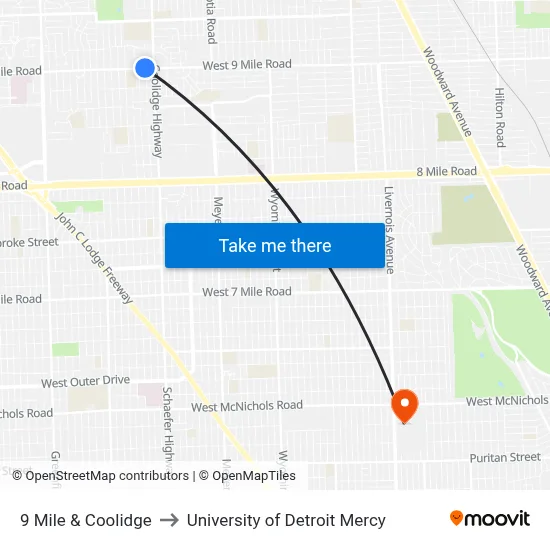 9 Mile & Coolidge to University of Detroit Mercy map