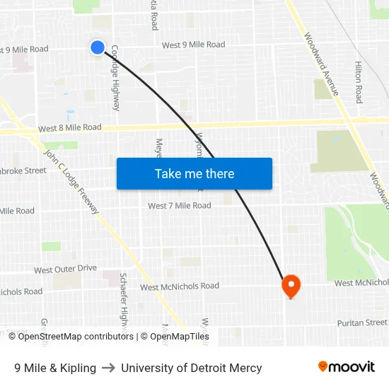 9 Mile & Kipling to University of Detroit Mercy map