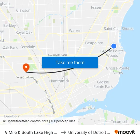9 Mile & South Lake High School to University of Detroit Mercy map