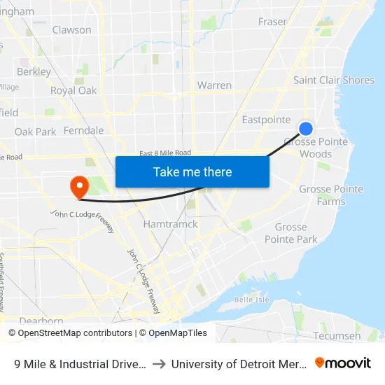 9 Mile & Industrial Drive E to University of Detroit Mercy map