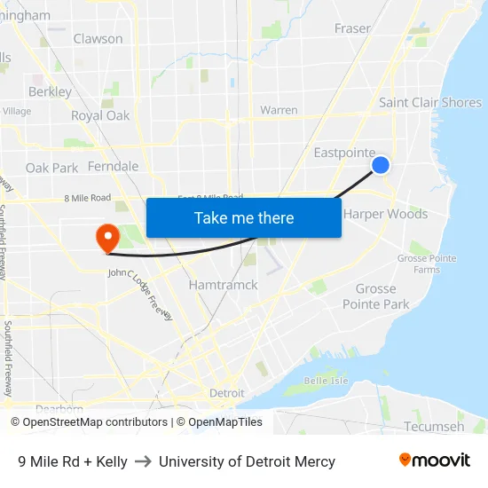 9 Mile & Kelly to University of Detroit Mercy map