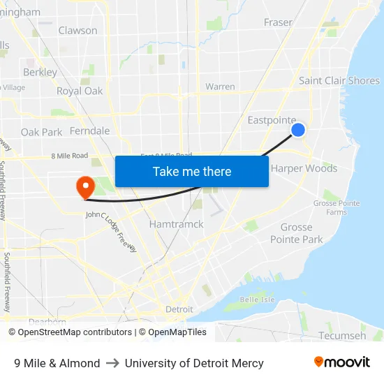 9 Mile & Almond to University of Detroit Mercy map