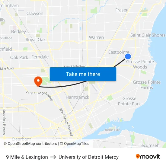 9 Mile & Lexington to University of Detroit Mercy map