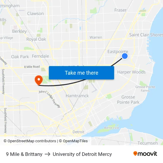 9 Mile & Brittany to University of Detroit Mercy map