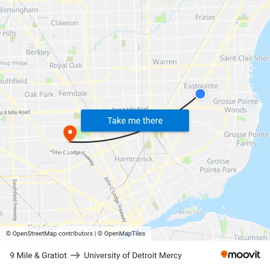 9 Mile & Gratiot to University of Detroit Mercy map