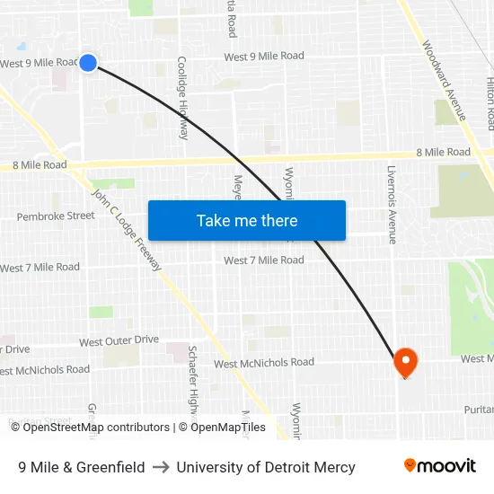 9 Mile & Greenfield to University of Detroit Mercy map