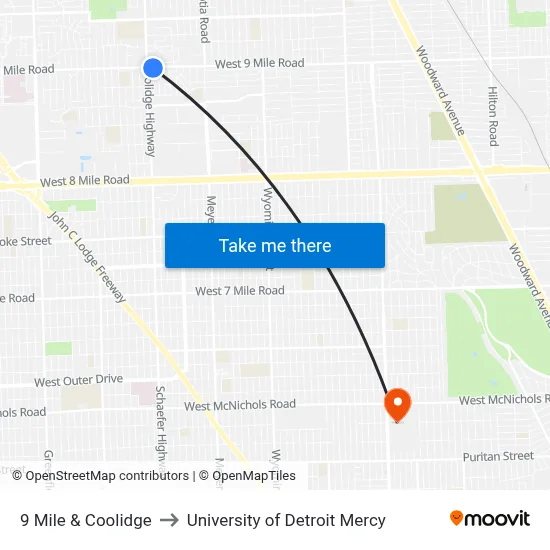 9 Mile & Coolidge to University of Detroit Mercy map