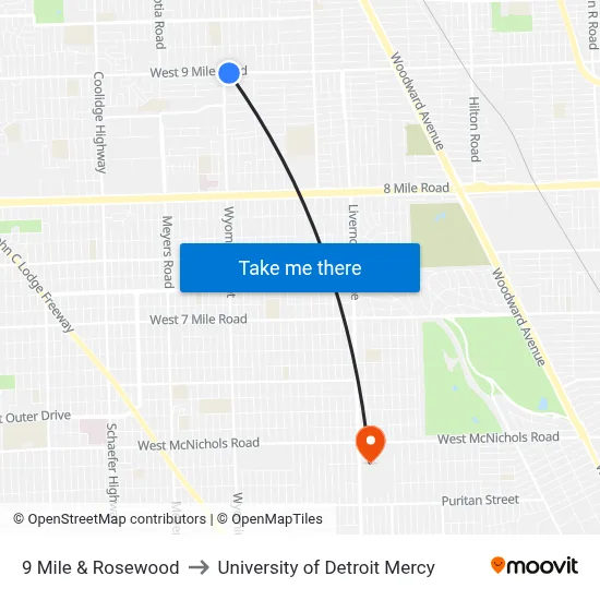 9 Mile & Rosewood to University of Detroit Mercy map