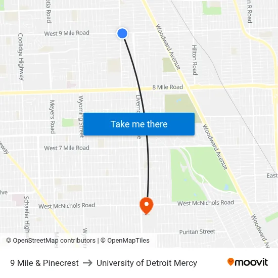 9 Mile & Pinecrest to University of Detroit Mercy map