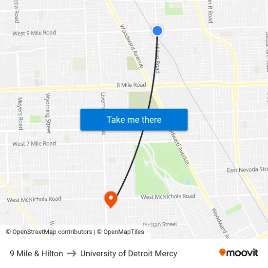 9 Mile & Hilton to University of Detroit Mercy map