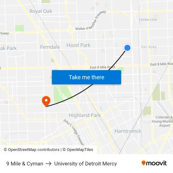 9 Mile & Cyman to University of Detroit Mercy map