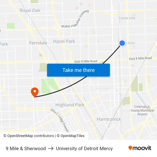 9 Mile & Sherwood to University of Detroit Mercy map