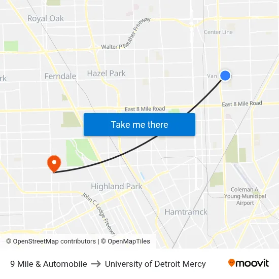 9 Mile & Automobile to University of Detroit Mercy map