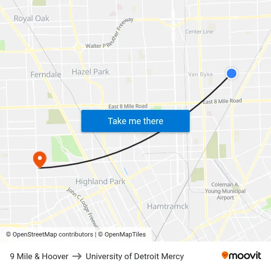 9 Mile & Hoover to University of Detroit Mercy map