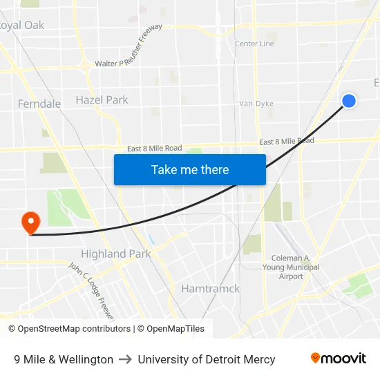 9 Mile & Wellington to University of Detroit Mercy map