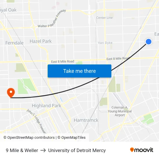 9 Mile & Weller to University of Detroit Mercy map
