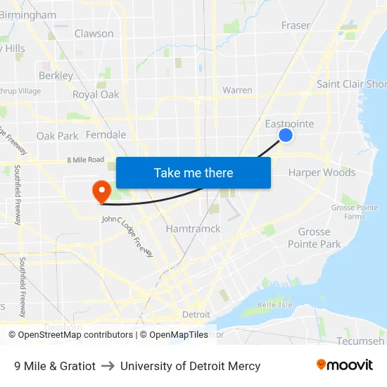 9 Mile & Gratiot to University of Detroit Mercy map