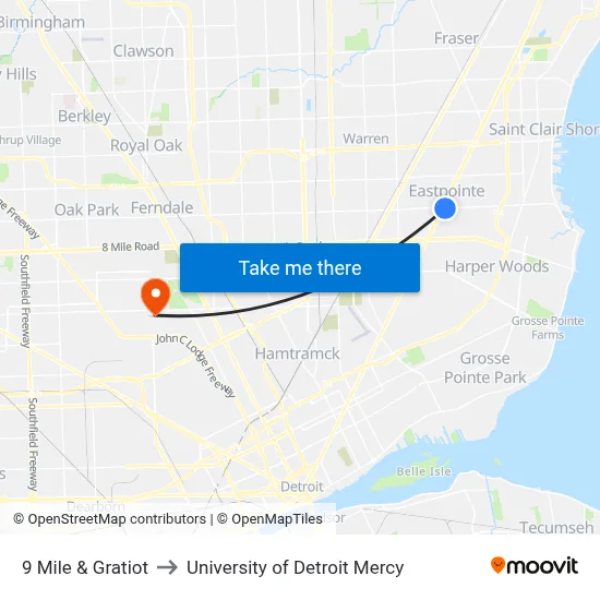 9 Mile & Gratiot to University of Detroit Mercy map