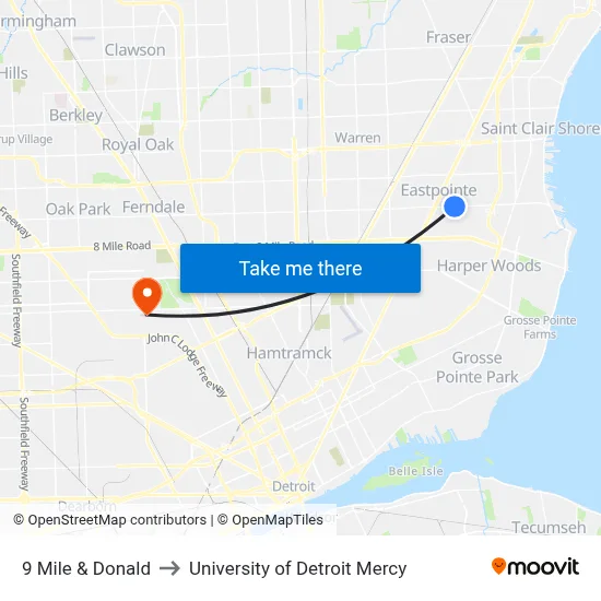 9 Mile & Donald to University of Detroit Mercy map