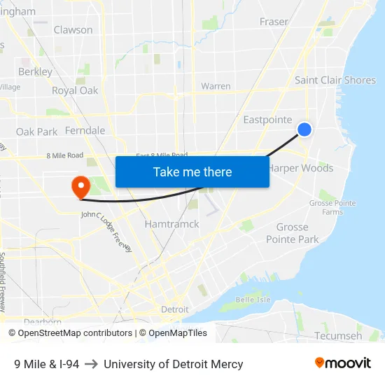 9 Mile & I-94 to University of Detroit Mercy map