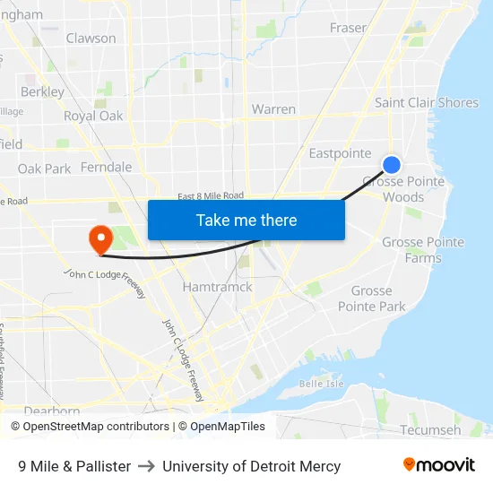 9 Mile & Pallister to University of Detroit Mercy map