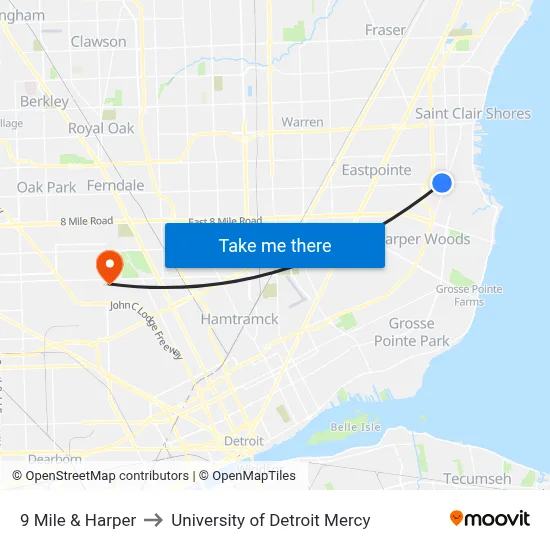 9 Mile & Harper to University of Detroit Mercy map