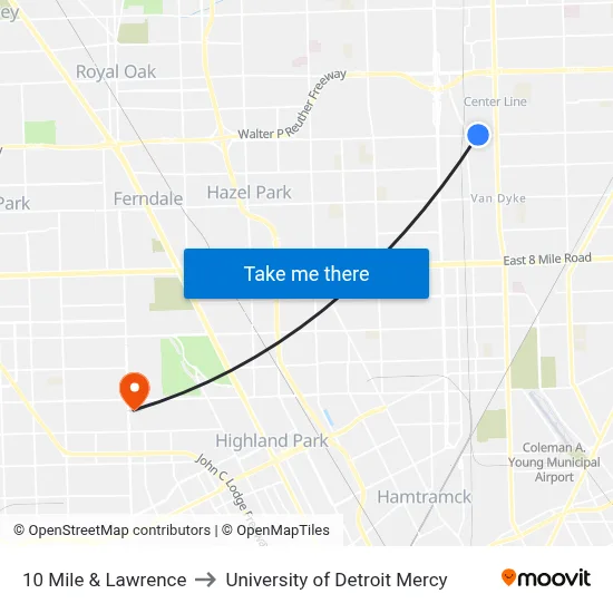 10 Mile & Lawrence to University of Detroit Mercy map