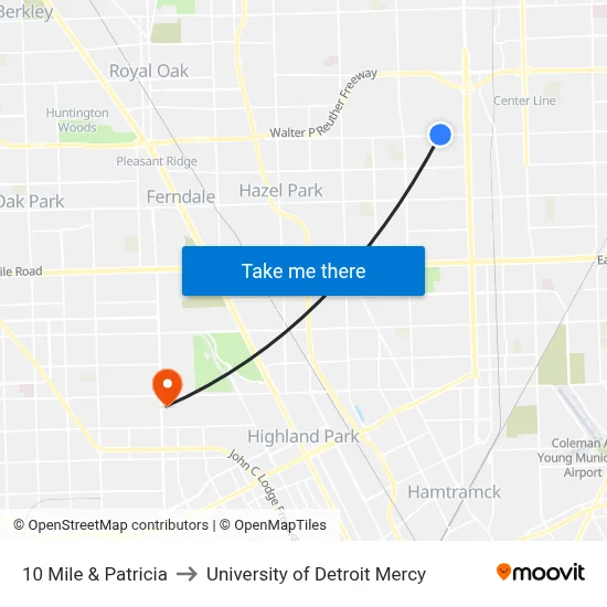 10 Mile & Patricia to University of Detroit Mercy map