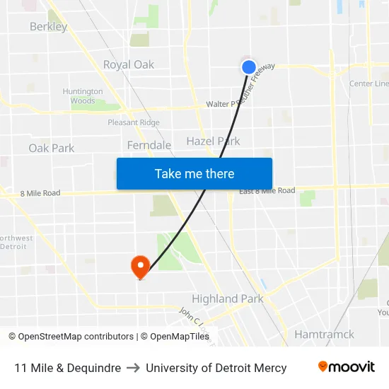 11 Mile & Dequindre to University of Detroit Mercy map