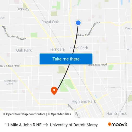 11 Mile & John R NE to University of Detroit Mercy map