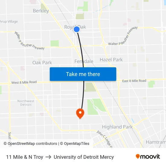 11 Mile & N Troy to University of Detroit Mercy map